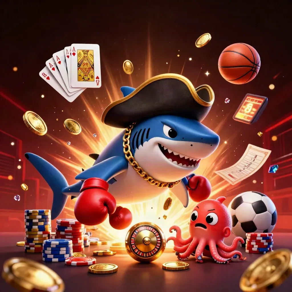 Pirate shark, pufferfish, and octopus amid coins, roulette, cards, chips, and sports balls