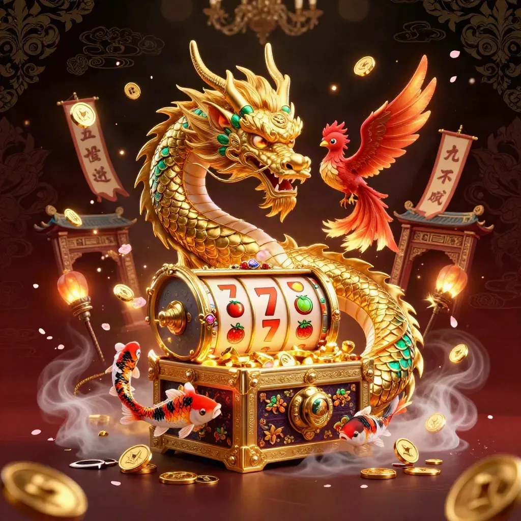 Golden dragon with phoenix and koi bursting from a treasure chest in a luxury casino-fantasy scene.