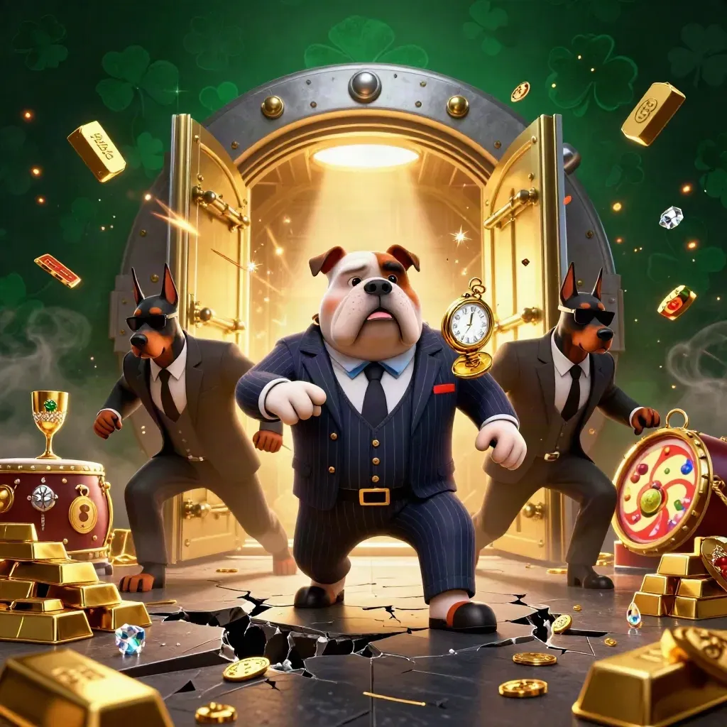 Bulldog boss and two Dobermans burst from a glowing vault with gold, gems, and emerald light.
