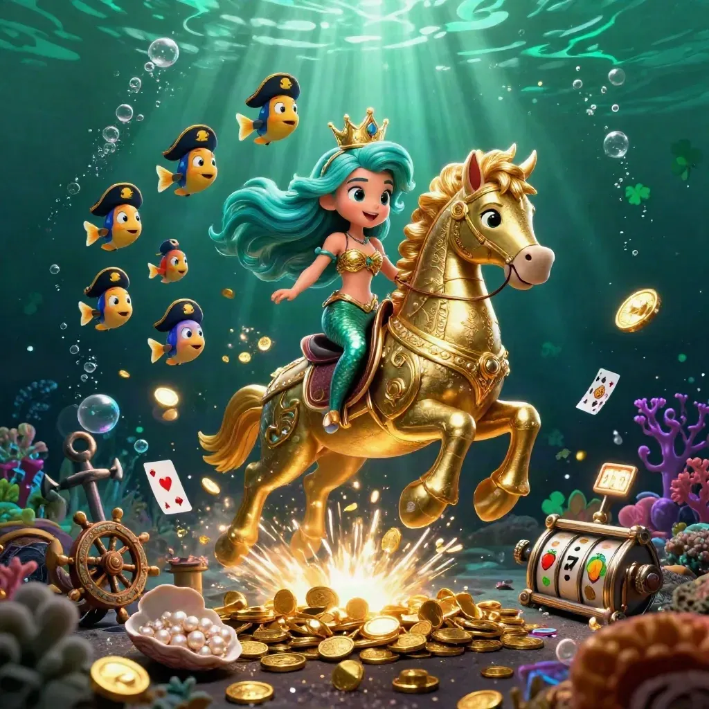 Mermaid princess rides a golden seahorse amid coin showers and pirate fish in an emerald underwater vault.