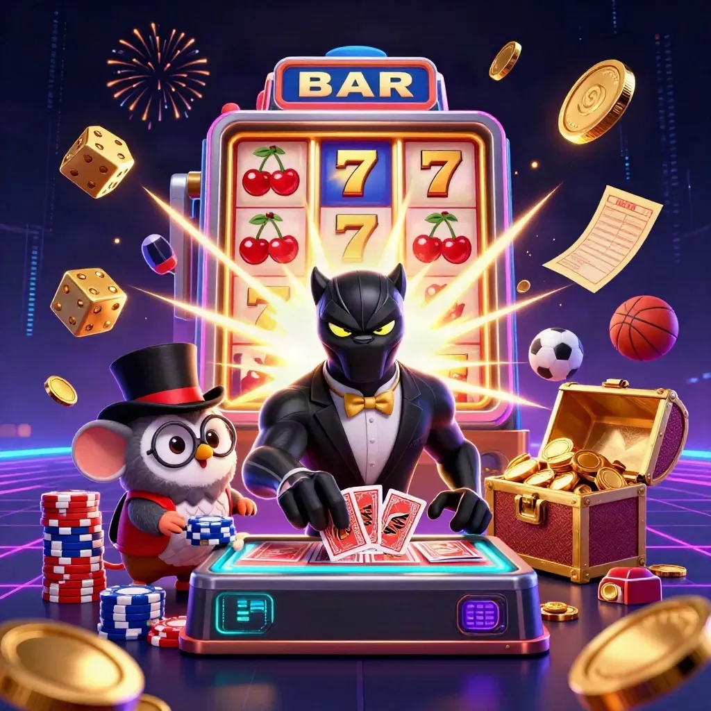 Panther, owl, and mouse amid bursting slot machine, gold coins, fireworks, and casino props.