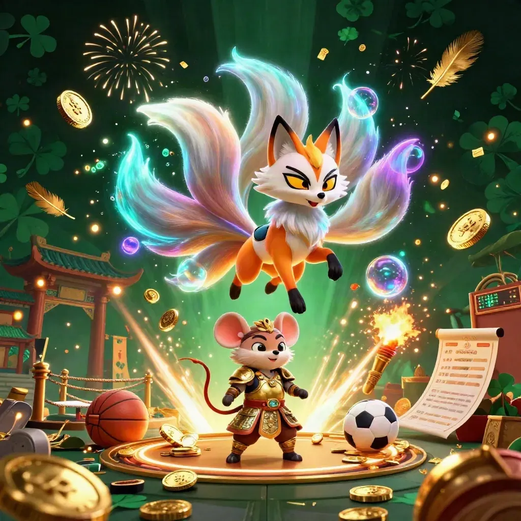 Fox spirit and samurai mouse amid a bursting vault, gold coins, neon glow, and casino-sports props