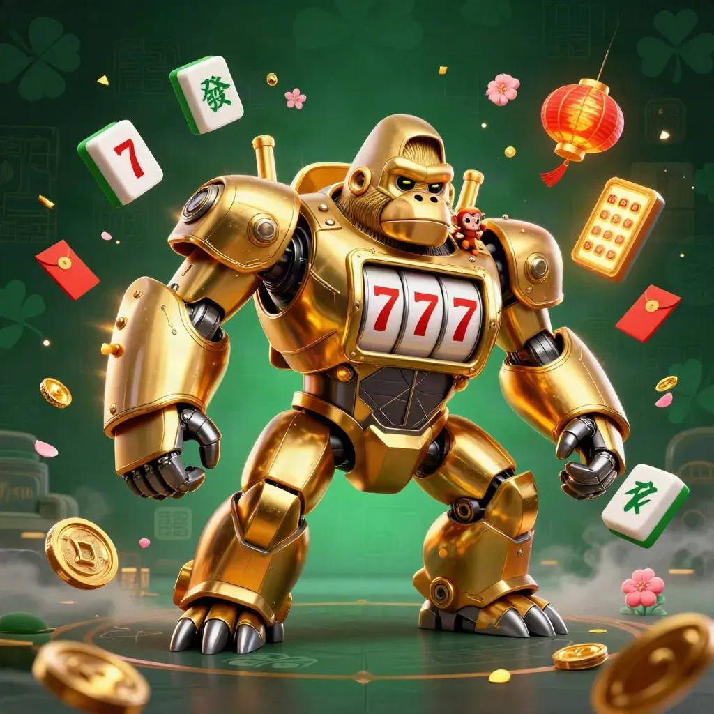 Golden gorilla slot-mech with monkey pilot amid lanterns, coins, petals, and glowing casino effects.
