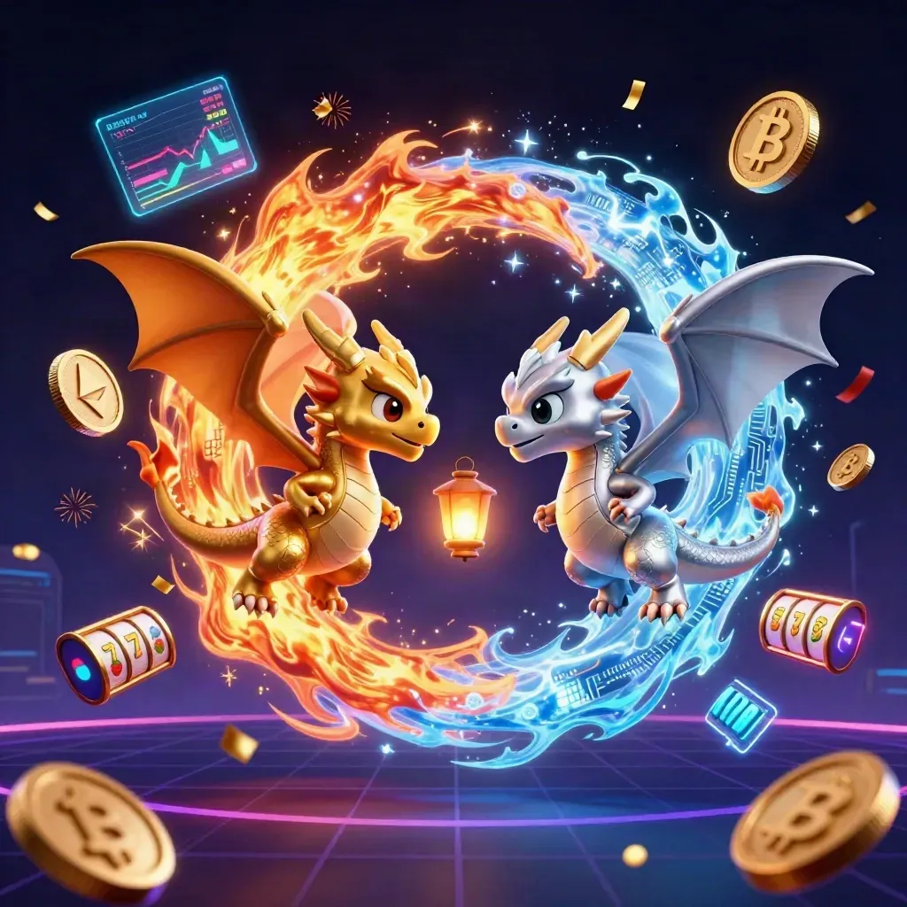 Gold and silver dragons spiraling with casino symbols, neon coins, and a glowing lantern spirit